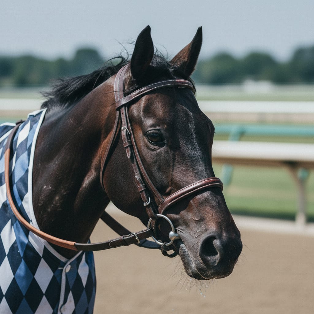 Close-up of a racehorse in bridle with jockey silks